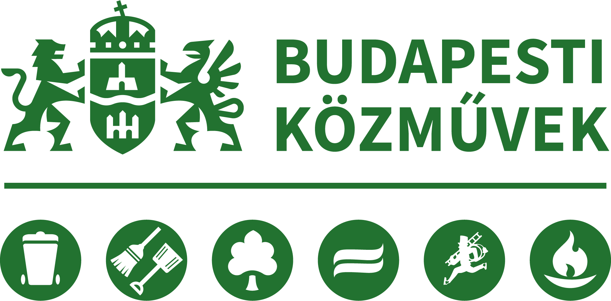 BKM - Budapesti Közművek Nonprofit Zrt. logó, montázs: köztisztasági locsoló autó, virágos park az Erzsébet hídnál, Fővárosi Hulladékhasznosító Mű éjszakai légifelvétel